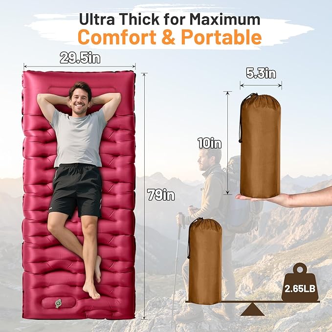 KASBAH Camping Sleeping Pad,Extra Wide 6 inch Thick Inflatable Sleeping Pads with Built-in Foot Pump and Pillow,Ultralight Camping Mat Gear for Outdoor Hiking,Camping