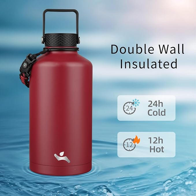 Konokyo Insulated Water Bottle with Straw,87 oz 3 Lids Water Jug with Carrying Bag,Paracord Handle,Double Wall Vacuum Stainless Steel Metal Flask,Dark Red