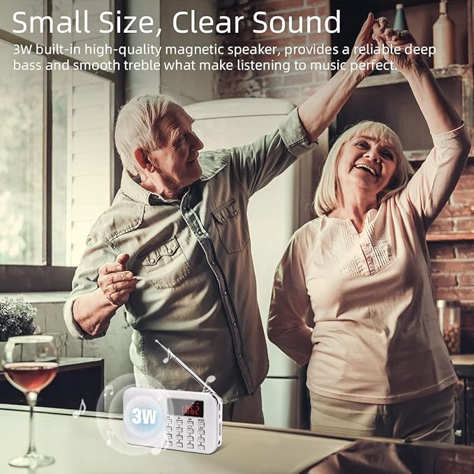 PRUNUS Mini Portable Radio AM FM Pocket Radio with MP3, LED Flashlight, Digital Radios Speaker Support Micro SD/TF Card/USB, Auto Scan Save, 1200mAh Rechargeable Battery Operated[Latest Version]