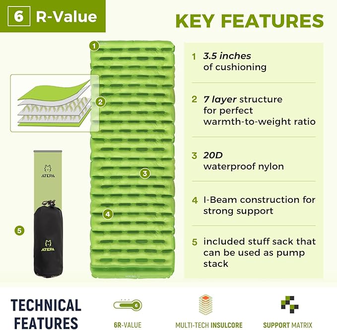 ATEPA ThermAir Backpacking Inflatable Sleeping Pad, 6 R-Value Insulated Ultralight Portable Camping Pad Sleeping Mat with 7 Layers & Storage Bag for Camping Backpacking Tent, Wide Long Size (72"x25")