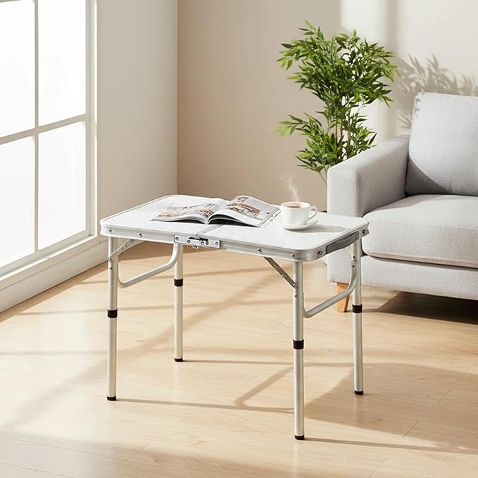 YUFIFAIRY Small Folding Camping Table, 2ft Portable Table with 3 Adjustable Heights, Aluminum Lightweight Foldable Picnic Table with Mesh Layer and Extension Legs for RV, BBQ and Indoor (Silver)