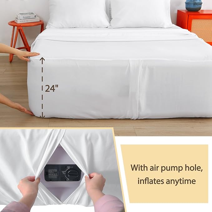 Air Mattress Sheet Set Twin Size,3 Piece Deep Pocket Bed Sheet Set for 16-24 Inch Air Bed,Easy Inflate Access,Perfect for Guest Room, RV, Camping,White