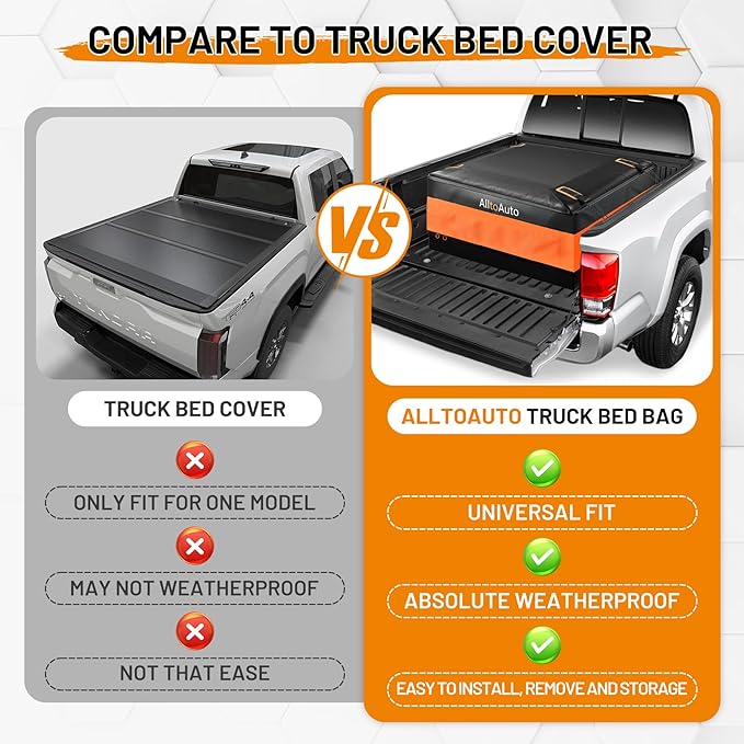 [High Visibility] Waterproof AlltoAuto Truck Bed Bag with Orange Safety Trim, 26 CuFt Heavy Duty Cargo Carrier for Pickup Truck, Weatherproof Storage Bag for Camping & Road Trips