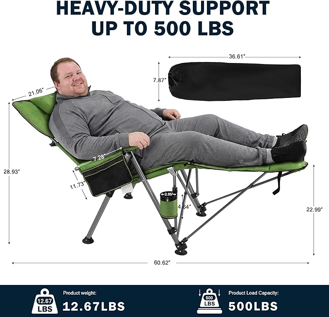 Folding Camping Chair for adults-3-in-1 Heavy Duty Foldable Camp Chair with Detachable Footstool, Padded Pillow, Cup Holder & Carry Bag,5-Speed Adjustable,400 LBS Capacity