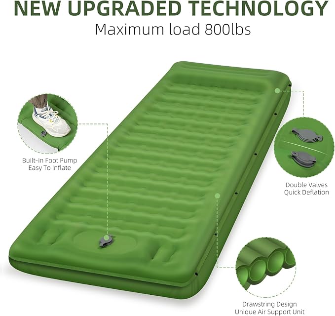 FNARMW Camping Sleeping Pad, Extra Thick 5 Inch Camping Mat with Pillow Built-in Foot Pump Inflatable Sleeping Pads Compact for Camping Backpacking Hiking Traveling Tent（Green）