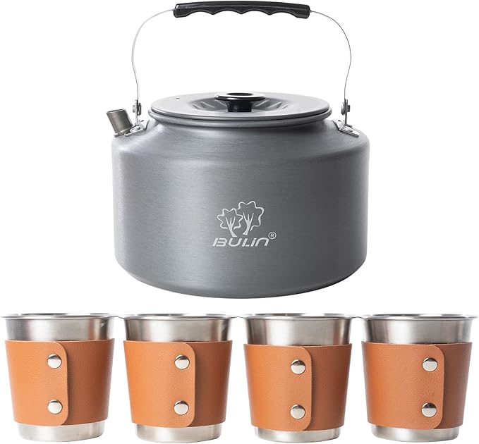 Bulin Camping Kettle, 2.2L Large Portable Stovetop Tea Kettle Fast Heating Boiling Hot Water for Open Fire Lightweight Coffee Pot with 4 Camping Cups & Anti-scald Sleeves for Outdoor Hiking Picnic