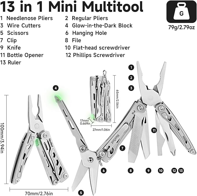 NexTool F12 Mini Multitool, 13-in-1 Keychain Multitool with Serrated Scissors, File and Safety Lock, Upgraded 80Cr14Mov Steel Multi Tool for EDC, Outdoor Adventures and DIY, Gifts for Men