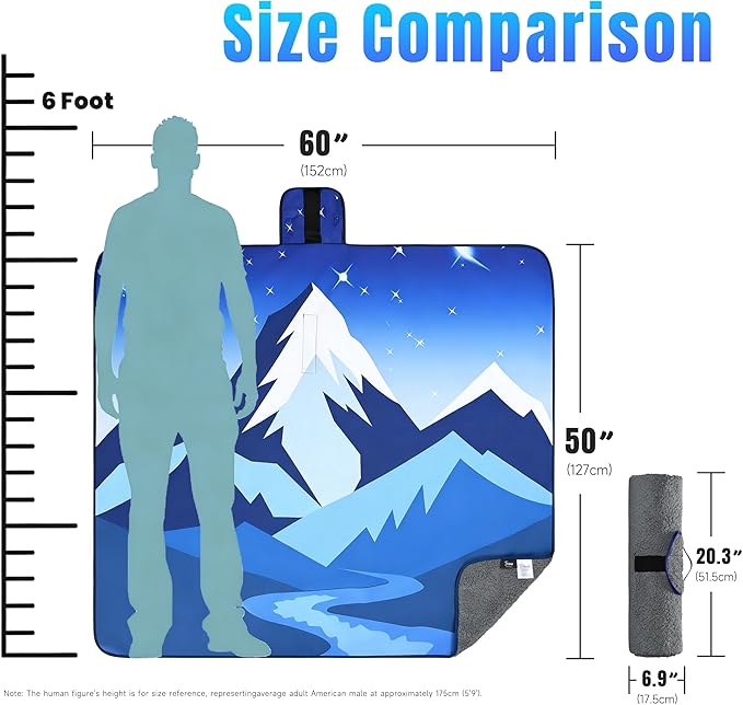 Tirrinia Waterproof Outdoor Blanket, Warm Windproof Stadium Blankets with Sherpa Lining, Foldable Camping Blanket, Emergency Blanket with Mountain Landscape Design for Car, Beach, Picnic, Hiking
