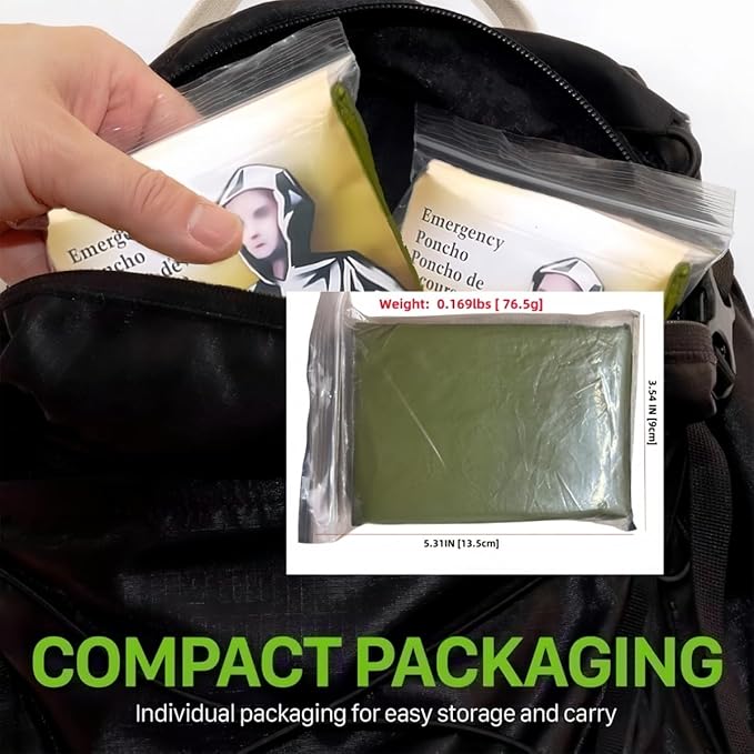 Emergency Poncho with Mylar Blanket Liner for Survival Gear, Waterproof, Wind-Resistant Green Rain Poncho for Outdoors, Camping, and Car Emergency Kits - Thermal Poncho - 4 Pack (Green)