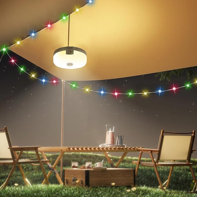 Outdoor Waterproof Portable Stowable String Light, 4 in 1 Retractable Camping String Lights with 8 Lighting Modes (42ft), Solar /USB Rechargeable Tent Lights for Hiking, Yard, RV (Multicolor String）