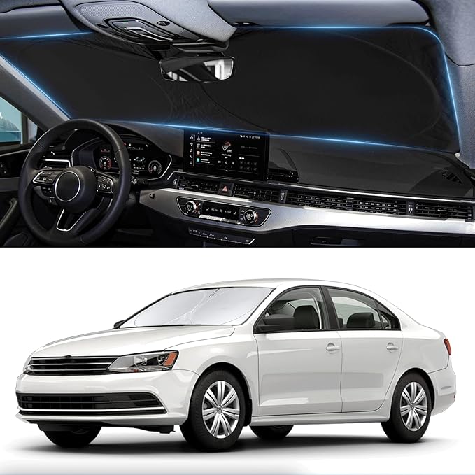 Custom Fit VW Jetta Windshield Sunshade for 2011-2017 2018 Volkswagen VW Jetta Accessories Front Window Shield 210T Silver Coating Cover for Volkswagen Windshield Sun Visor Protector Blocks UV