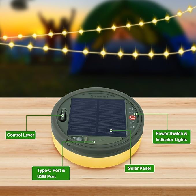 SMY Lighting 4 in 1 Solar Camping String Lights, 42.6Ft Ultra Long String with 160LEDs, Solar Powered and USB Rechargeable Light with Remote Control, Portable Camping Light for Hiking, Decorations
