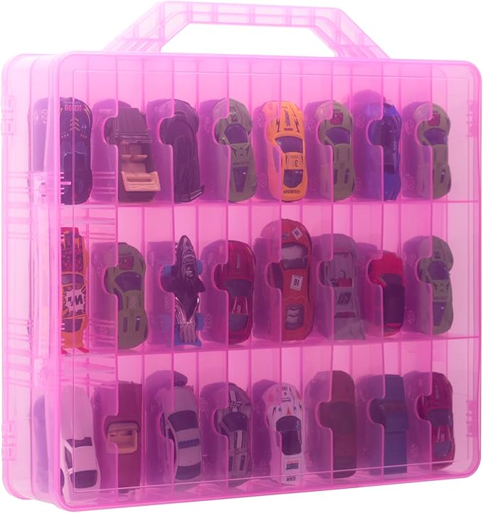 KISLANE Double Sided Toy Car Storage Case for 48 Cars, Pink, Rectangular, Plastic, Wall Mount, 13.4 x 11.8 inches