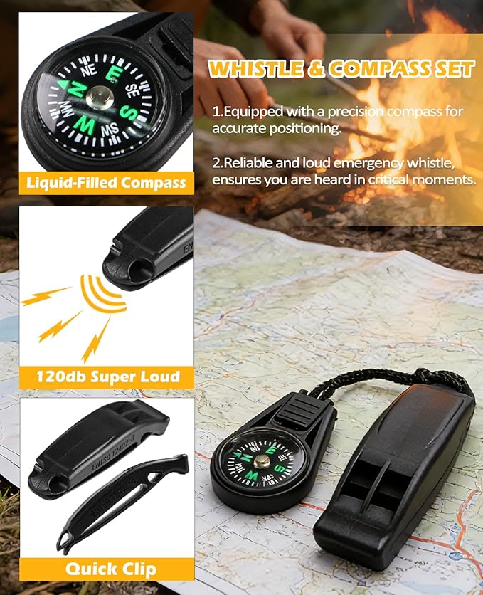 Fire Starter Kit 5 in 1 Survival Gear, Flint and Steel Fire Starter Kit with Ferro Rod, Emergency Whistle, Credit Card Multitool, Compass & Waterproof Tinder for Outdoor, Camping, Hiking, Gift for Men