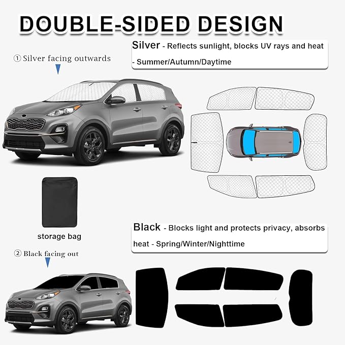 KMF 6pcs Thicken Sun Shades for KIA Sportage 2017-2022 Accessories, Custom Fit Full Car Window Covers for Windshield Side Rear, UV Block and Privacy Blackout for Camping Outdoor