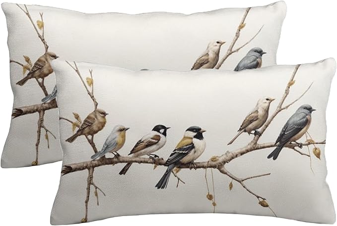 ITFRO Set of 2 Hand-Painted Oil Painting Rustic Forest Wildlife Birds Tree Branches Short Plush Both Sides Lumbar Animal Throw Pillow Cover Cushion Case Sofa Waist Decorative 12x20 Inches (Cream)