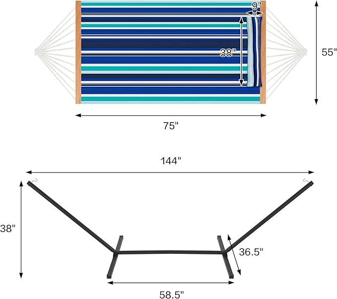 Homgava Two Person Hammock with Stand for Outside Heavy Duty, Outdoor Patio Hammock with Portable Steel Stand, Large Double Hammocks,480lbs Capacity.(Blue Stripes)