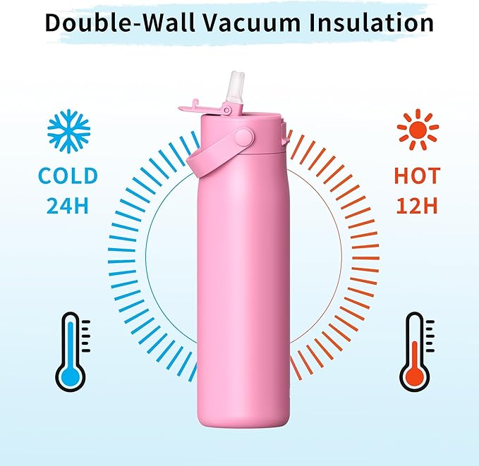 LISI 24oz Insulated Water Bottle, Double Wall Stainless Steel Water Bottles with Straw, 100% Leak-Proof Travel Thermal Canteen Mug with 2 Lids (Straw, Phone Holder Lid)