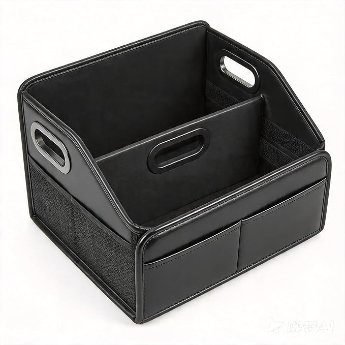 Car Storage Organizer Reinforced Dividable Leather Car Caddy Basket for Front Seat Floor Back Sturdy Frosted Handle 8 Compartments Adjustable Strap Buckles Slip-Resistant for SUV Truck