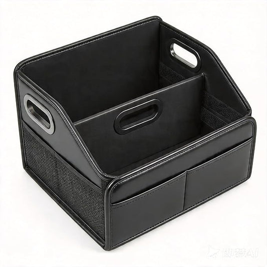 Car Storage Organizer Reinforced Dividable Leather Car Caddy Basket for Front Seat Floor Back Sturdy Frosted Handle 8 Compartments Adjustable Strap Buckles Slip-Resistant for SUV Truck