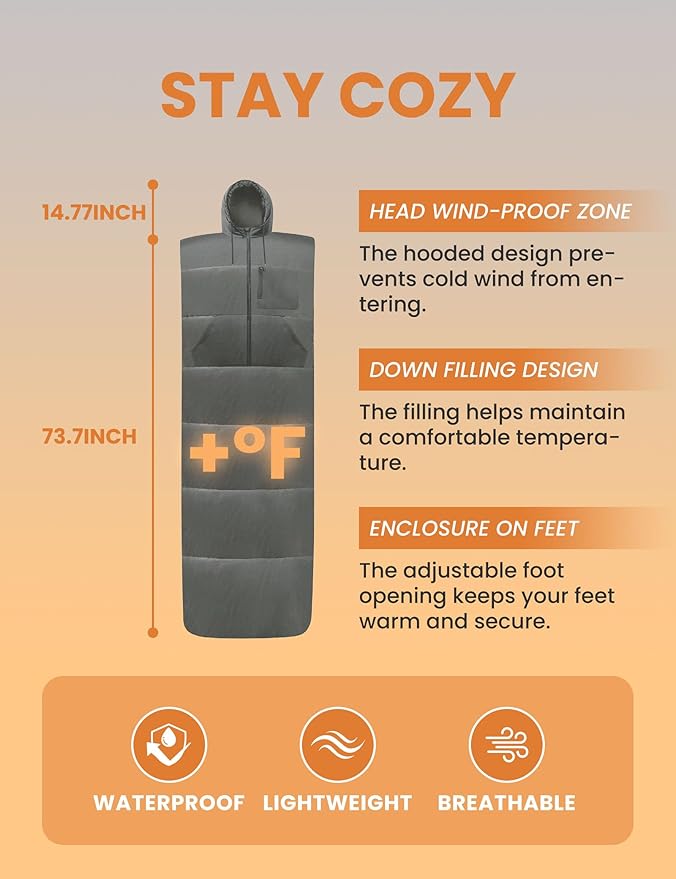 Adult Wearable Sleeping Bag with Hoodie, Sleeveless Design Adjustable Drawstring Waterproof Wearable Sleeping Bag Ideal for Camping, Cold Weather