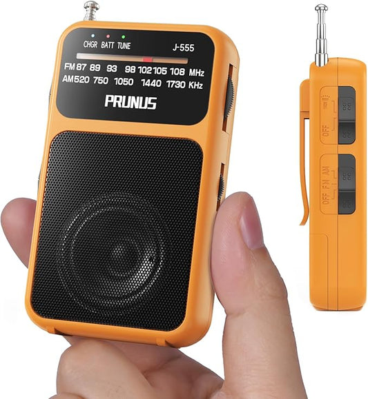 PRUNUS J-555 Pocket Radio AM FM USB-C Charging& Battery Operated, Excellent Reception& Clear Speaker and Headphone Jack, Back Clip, Flashlight, Transistor Radios, Portable Radio AM FM, Mini Radios