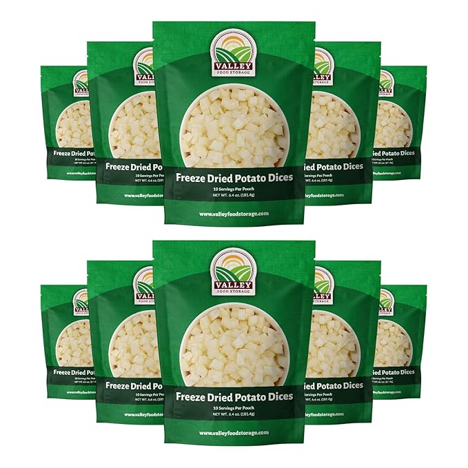 Valley Food Storage Freeze Dried Diced Potatoes | 10-Bag Bucket, 64 oz | Premium Emergency Food Supply | Non-GMO Survival Food, 25 Year Shelf Life | Prepper Supplies, Camping Food & Off-Grid Living | Packaged in USA
