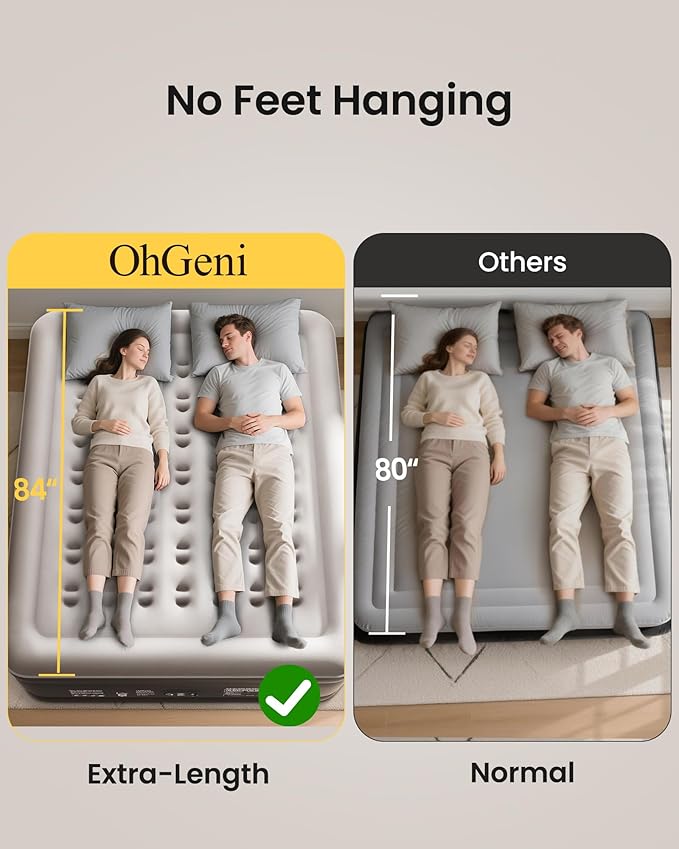 OhGeni Cal King Air Mattress with Built in Pump, 18" Tall Inflatable Blow Up Bed, Luxury Comfort for People(190CM Height), Keep Feet from Dangling, Colchon inflables, Ideal Alternative to a Bed