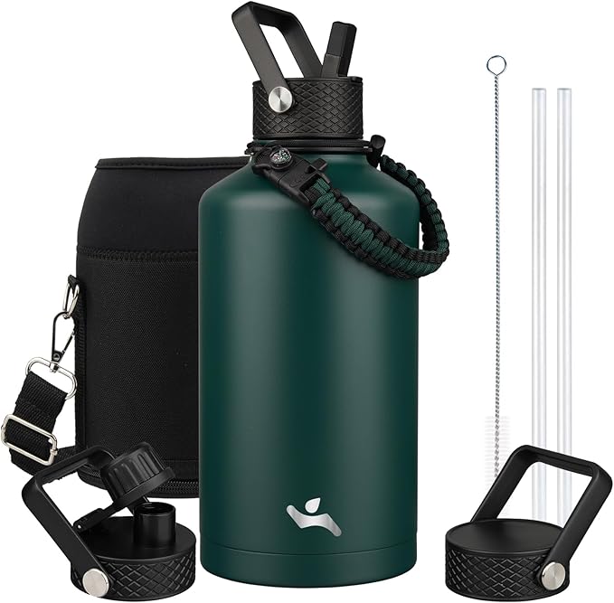 Konokyo Insulated Water Bottle with Straw,87 oz 3 Lids Water Jug with Carrying Bag,Paracord Handle,Double Wall Vacuum Stainless Steel Metal Flask,Dark Green