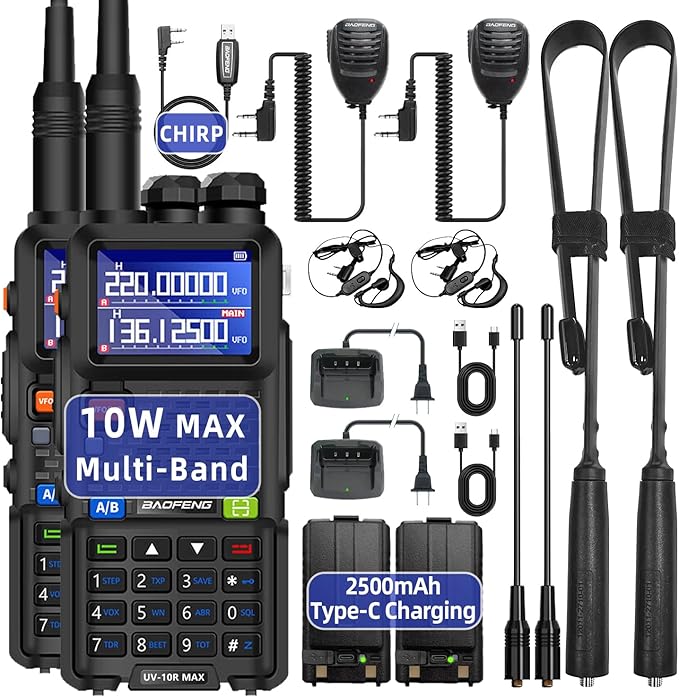 BAOFENG UV-10R MAX Ham Radio Handheld 10W Long Range Rechargeable Walkie Talkies Tactical NOAA Weather Two-Way Radios with 2500mAh USB-C Charging Battery,Mic for Survival Gear,Adults,Gifts,2 Pack