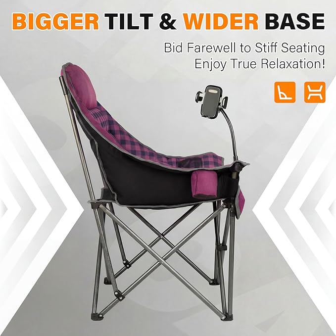 Oversized Camping Chairs for Adults- Heavy Duty Extra Large Lawn Chair,Folding Comfy Padded Camp Chair for Outdoor Sports Garden Beach Fishing,Wide&Thick,Purple Plaid
