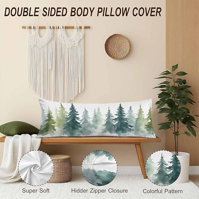 Couch Pillows Decorative Body Pillow Cover Watercolor Forest Fir Trees Rectangle Body Pillowcase for Men Women, Winter Body Pillow Covers 20" X 54" Cushion Cases for Sofa Bed, Green
