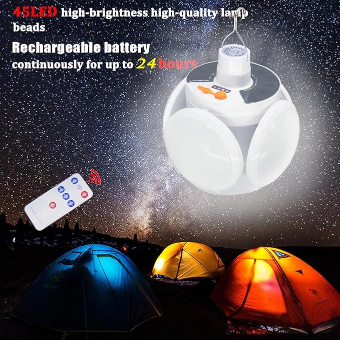 Folding Solar Camping Lights USB Rechargeable Lantern Waterproof Hanging Canopy Tent Lamp Remote Control Blub Portable for Home Indoor Outdoor Emergency Power Outage Vendors Booths 1 Pack