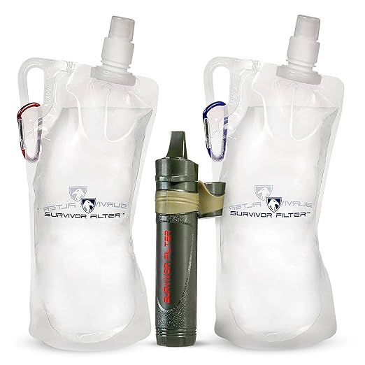 Survivor Filter Squeeze Kit – Emergency Water Straw with 2 Collapsible 33.8 fl oz Bottles – USA-Tested – 0.05 Micron Filtration – Portable Outdoor Water Filter for Camping & Hiking – No Expiration