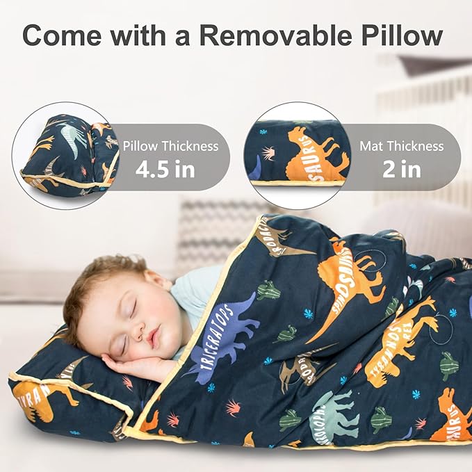 Primlect Thickened Toddler Nap Mat with Removable Pillow and Minky Blanket, Extra Large 55''x35'' Sleeping Bag, Washable, Roll up, Perfect for Daycare, Preschool, Kindergarten, Boys and Girls Dinosaur
