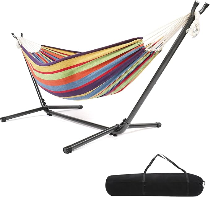 ONCLOUD 550 LBS Capacity Double Hammock with Stand Included with Portable Carrying Bag, Heavy Duty 2-Person Hammock for Outdoors & Indoors - Desert Stripe, Series TDCTZ1 - Rainbow Stripe