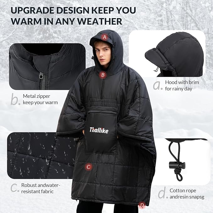 Camping Blanket with Zipper Pocket, 85'' x 61'' Large Wearable Hooded Blanket, Ultralight Warm Sleeping Bag, Windproof Camping Poncho for Outdoor Stadium Sports Gaming Hiking Picnic Concerts