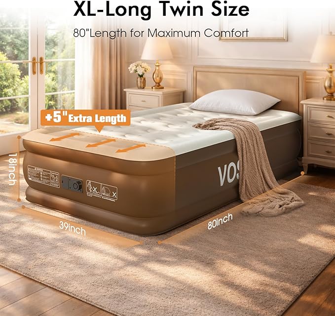 VOSSER Twin XL Air Mattress with Built-in Pump, 18" Raised 80“ Extra Long Inflatable Blow Up Mattress, Flocked Top Single Air Bed for Home, Guests & Camping, Thick Twin Size Air Mattress