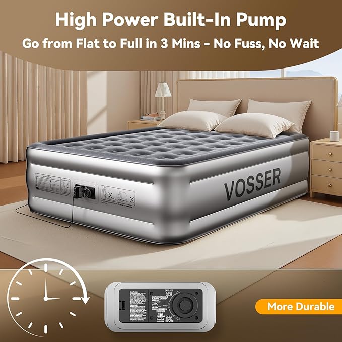 VOSSER Air Mattress Queen with Built in Pump,Blow Up Mattress in 3 Mins,18'' Raised Self Inflatable Mattress,Portable Airbed for Home,Floor&Travel,Queen Size Air Matress for Adults,660LB Max,Silver