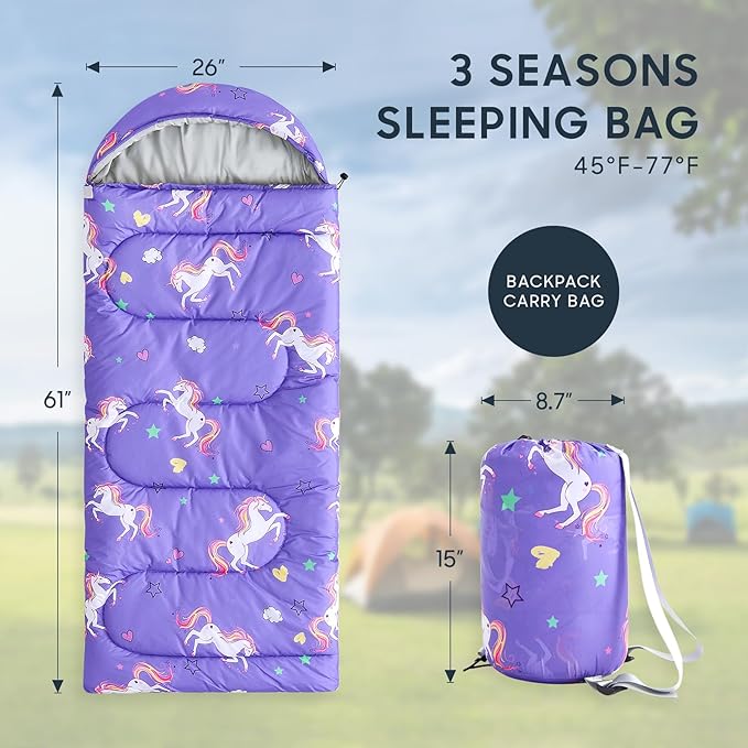 Wake In Cloud - Kids Sleeping Bag for Girls Toddlers, Camping in Warm Cold Weather, Backpacking Lightweight Compact Outdoor Liner for 3 Seasons, Unicorns Stars Hearts