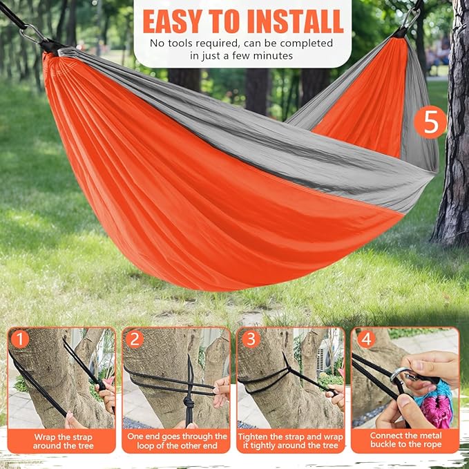 OBTANIM Camping Hammock 500lbs Portable Lightweight Single or Double Hammock with Tree Straps and Carry Bag for Camping Backpacking Hiking Travel Beach Outdoor Indoor (Gray and Orange)