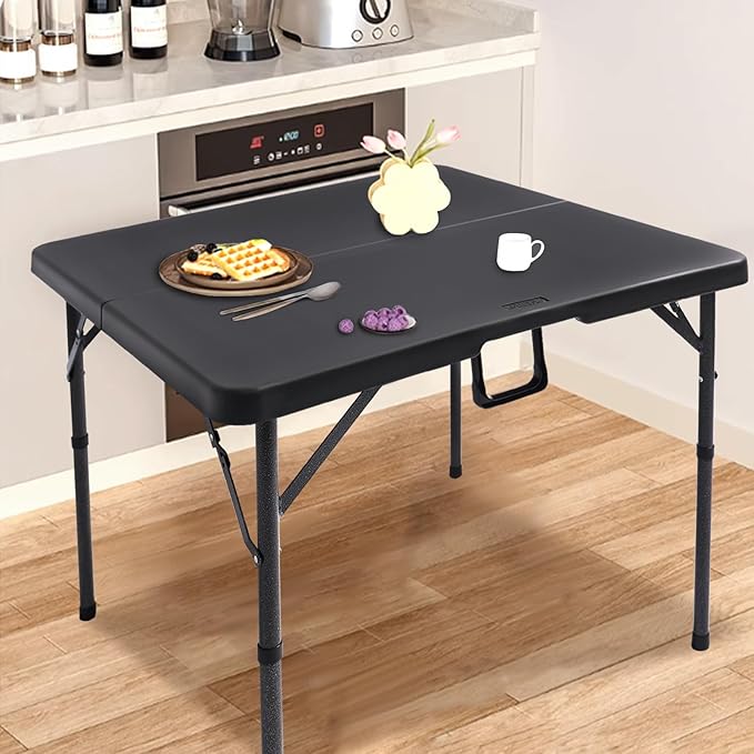 Byliable 34" Square Folding Card Table, Fold-in-Half Utility Dining Portable Table Heavy Duty HDPE Plastic Foldable with Carrying Handle Indoor Outdoor for Picnic, Camping, Party, Black