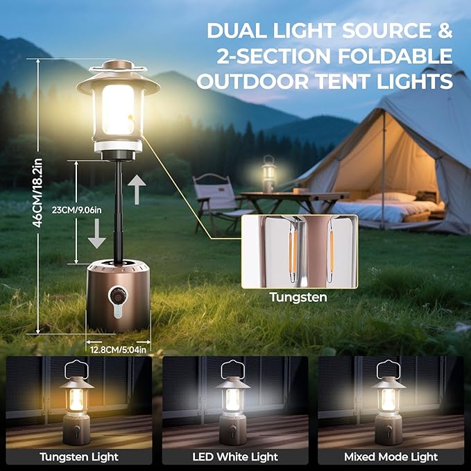 LED Camping Lantern, 8000mAh Telescopic Vintage Rechargeable Lantern, Dual Light Source & 3 Light Modes (2000K-6500K), 360° Lighting Emergency Lights for Camping, Home Power Outage, Hurricane, Hiking