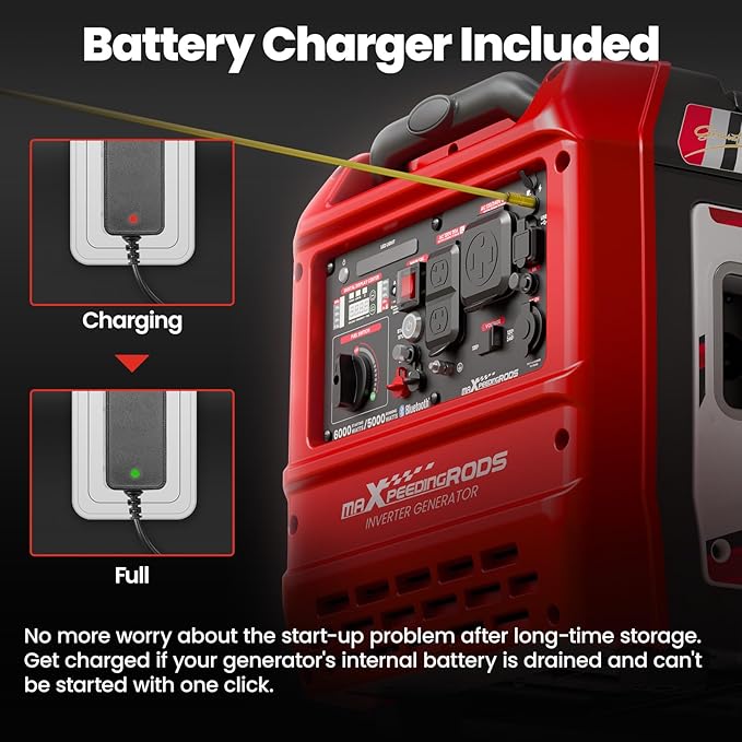 maXpeedingrods 6000 Watt Portable Inverter Generator with Bluetooth® App Remote Control, with Electric Start, Dual Voltage Output with Wheels and Telescopic Handle for Garden, RV Trips, Home Backup