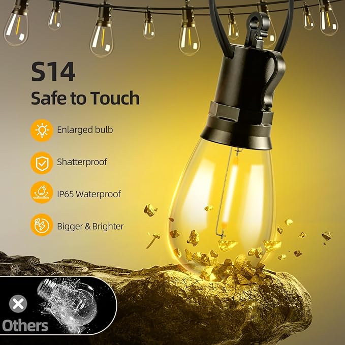 Solar Lights Outdoor Patio Lights: S14 15M 50FT Solar Powered Remote Control 3 Light Modes Dimmable Solar Waterproof Light - Shatterproof Bulbs - Camping Backyard Garden Deck Outside Yard