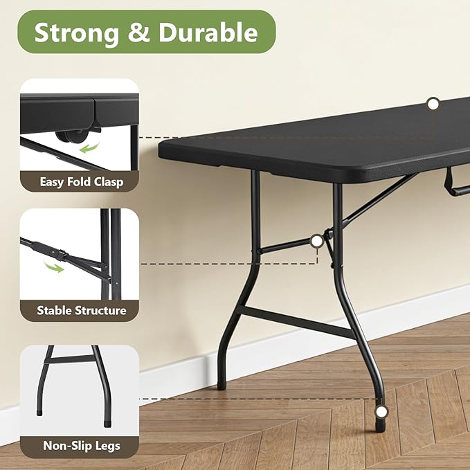 Folding Table, 8FT Foldable Picnic Table with Carrying Handle, Heavy Duty Fold-in-Half Portable Table for Weddings, Camping, RV Travel, Parties, BBQs, and Indoor Use, Easy to Fold and Store