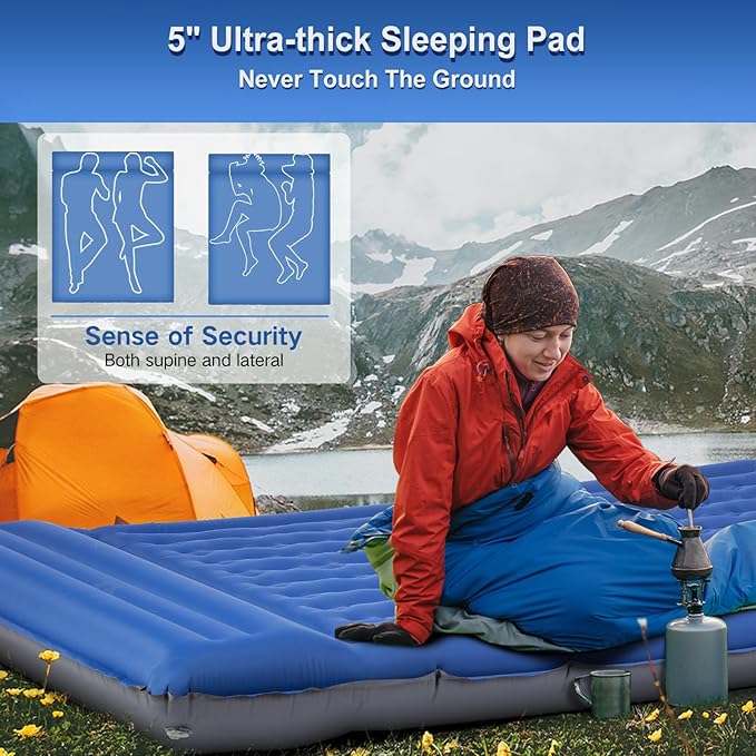 FNARMW Double Sleeping Pad Camping, Self Inflating 6'' Extra-Thick 2 Person Pillow Built-in Foot Pump Waterproof Inflatable Sleeping Mat Backpacking, Tent, Hiking, Portable Camping Pad (Navy Grey)