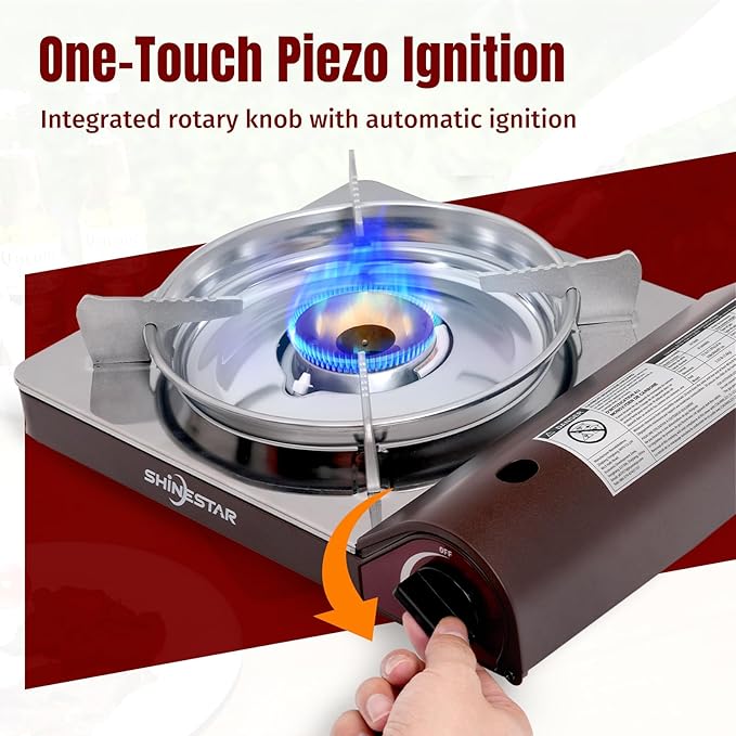 SHINESTAR 14000 BTU Butane Camping Stove, Portable Butane Stove with Brass Burner, One-Touch Piezo Ignition, Magnetic Safety Lock & Double Wind-Guard, Portable Gas Stove for Camping, RV, Emergencies