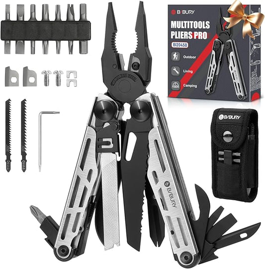 BIBURY Multitool Pliers Pro BI2045, Foldable Multitools with Replaceable Wire Cutters and Saw, Stainless Steel Multi Tool w/Upgraded Scissors and Screwdriver Set, Ideal for Camping, Hiking, Survival