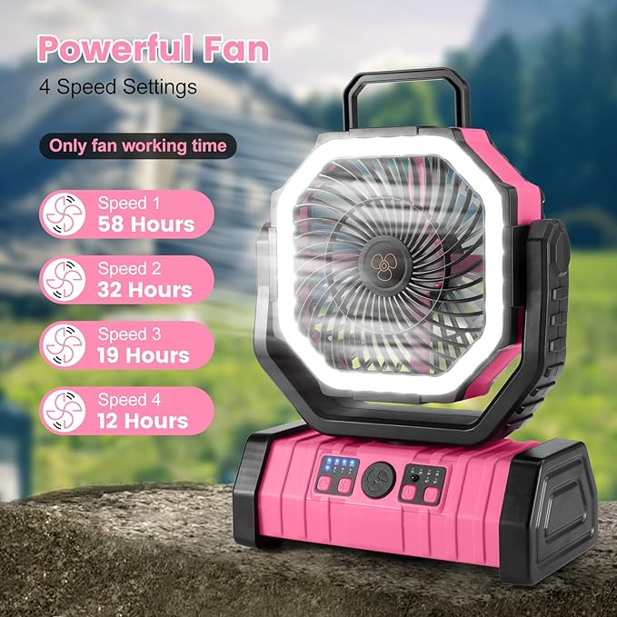 Odoland 30000mAh Camping Fan with LED Lantern, Rechargeable Battery Operated Oscillating with Remote Hook, Portable Tent Fan with Timer, 4 Speeds for Outdoor RV Jobsite Power Outage, Pink